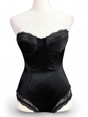 Vintage 90s Flexees Black Strapless Shapewear Bodysuit 34B Lace Trim